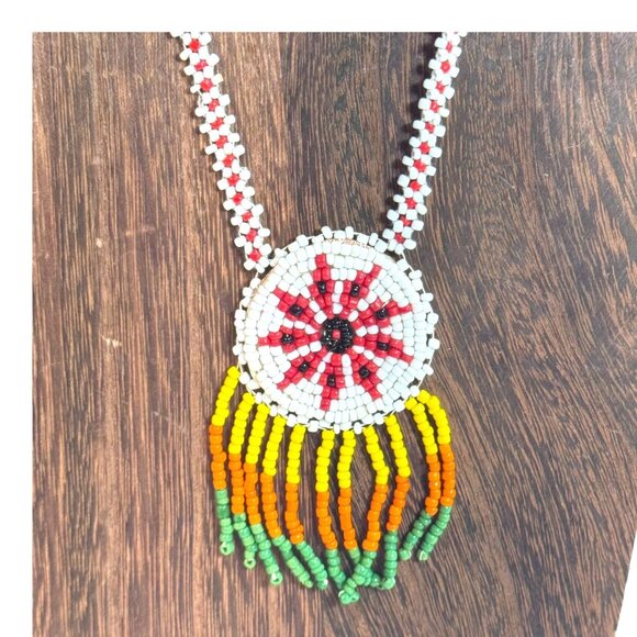 Handmade Starburst Beaded Necklace With Colorful Floral Pendant & Fringe Design - Picture 1 of 7